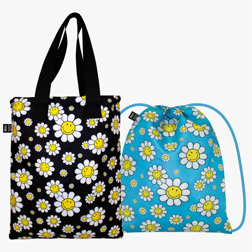 LOQI Smiley Flowers vendbar ryggsekk resirkulert