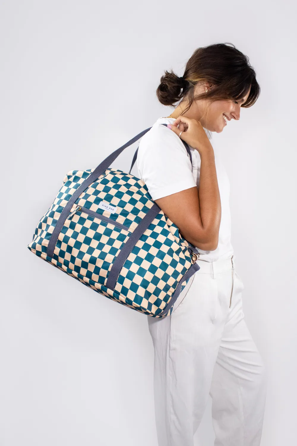 Kind Bag Weekender reisebag teal beige rutete kabin