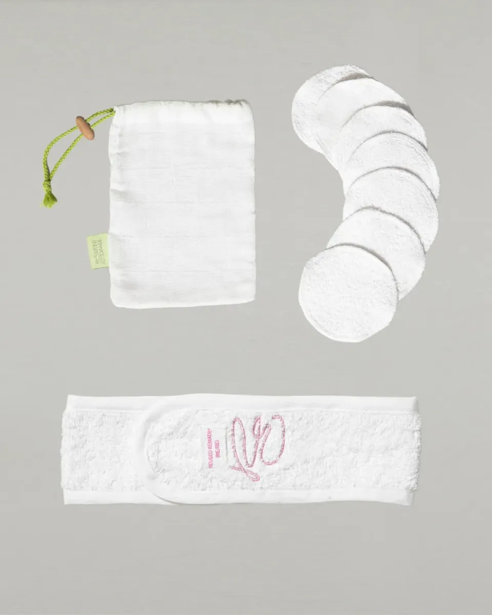 Reused Remade rensesett pannebånd + bomullspads 7-pk hvit