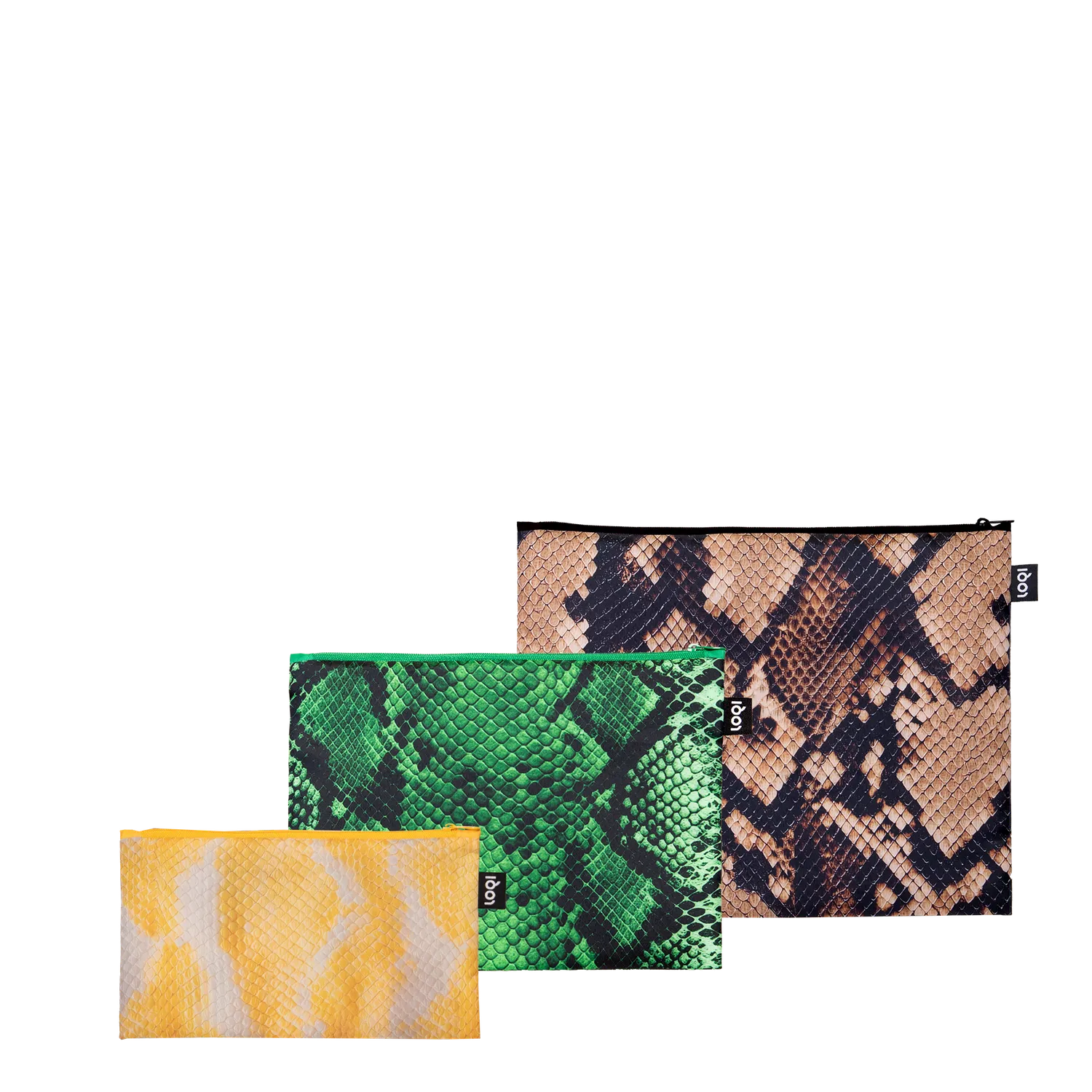 LOQI Snake Brown Green Yellow zip-poser slangeskinn