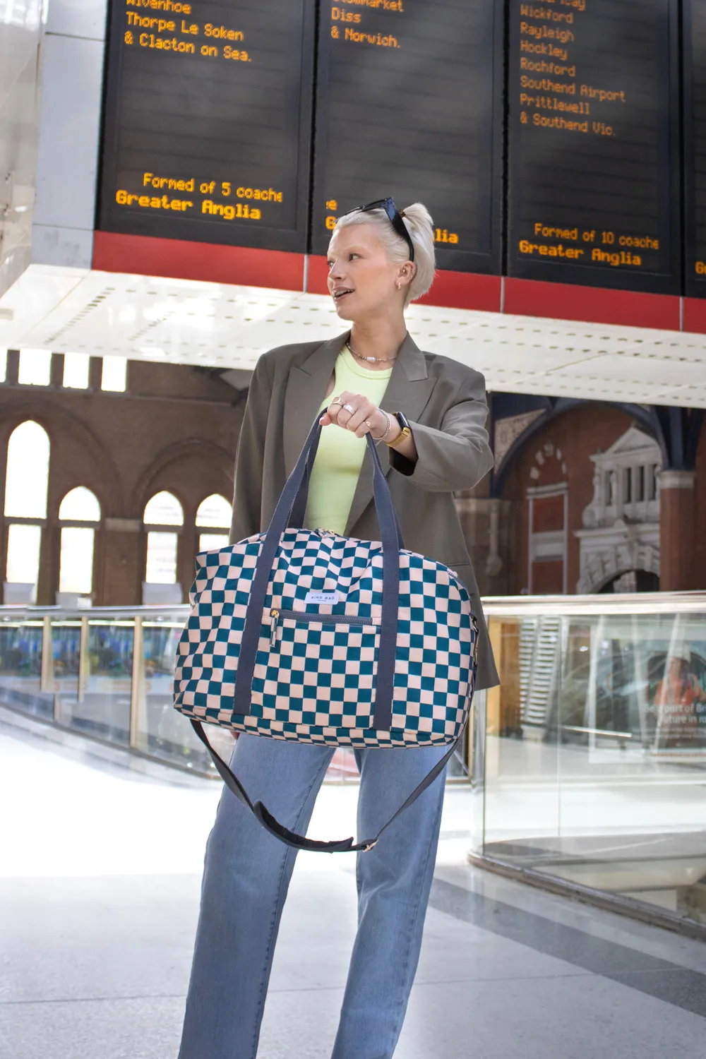 Kind Bag Weekender reisebag teal beige rutete kabin