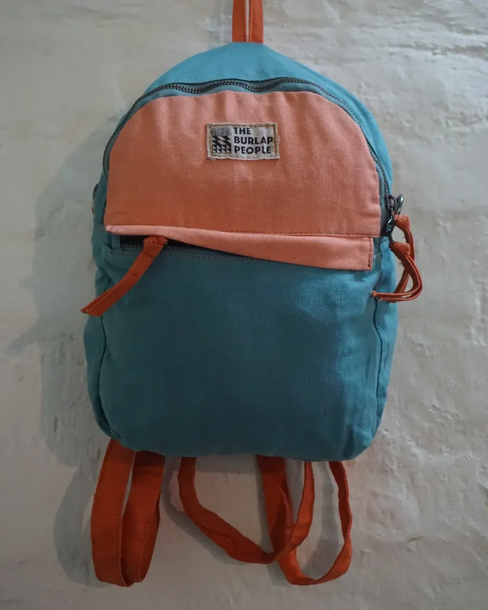The Burlap People Lil Sister toteveske peach sky blue