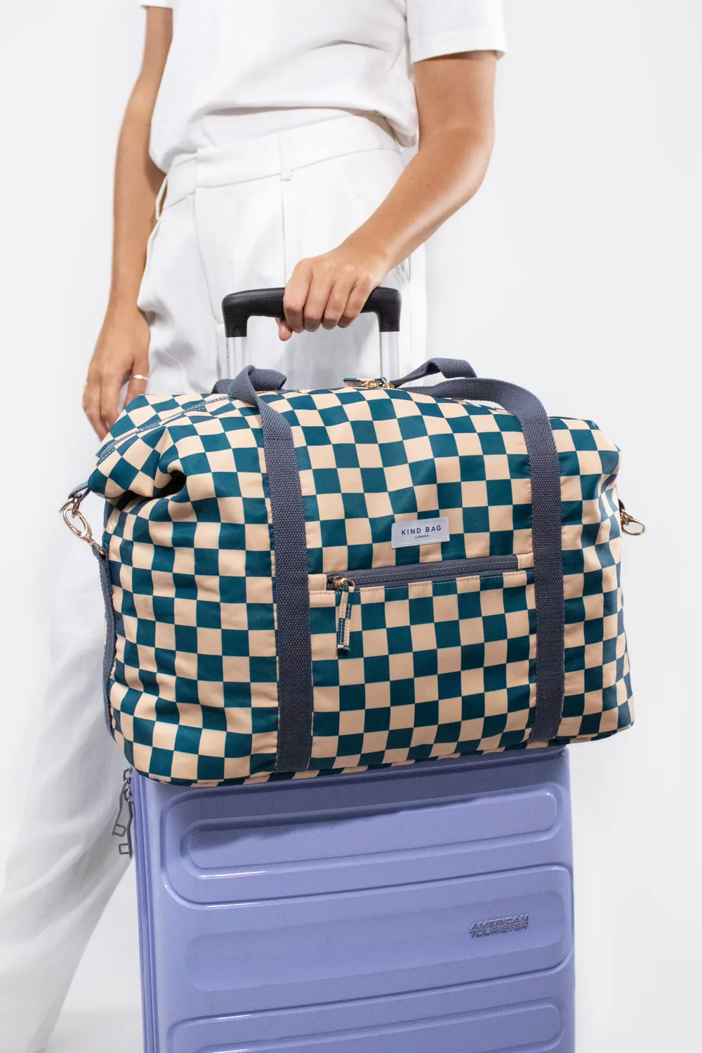 Kind Bag Weekender reisebag teal beige rutete kabin