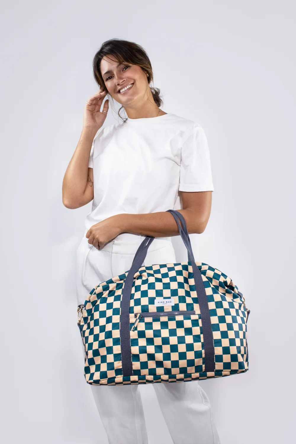 Kind Bag Weekender reisebag teal beige rutete kabin