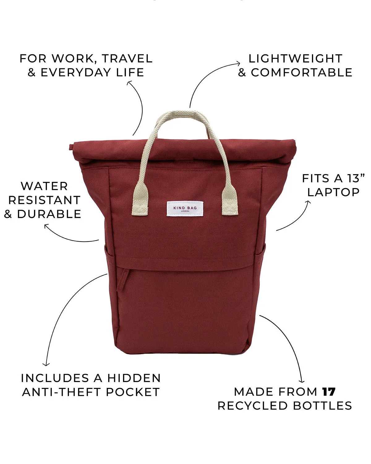 Kind Bag Hackney Backpack Medium ryggsekk burgundy vanntett
