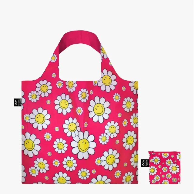 LOQI Smiley Flowers Raspberry handlenett medium resirkulert