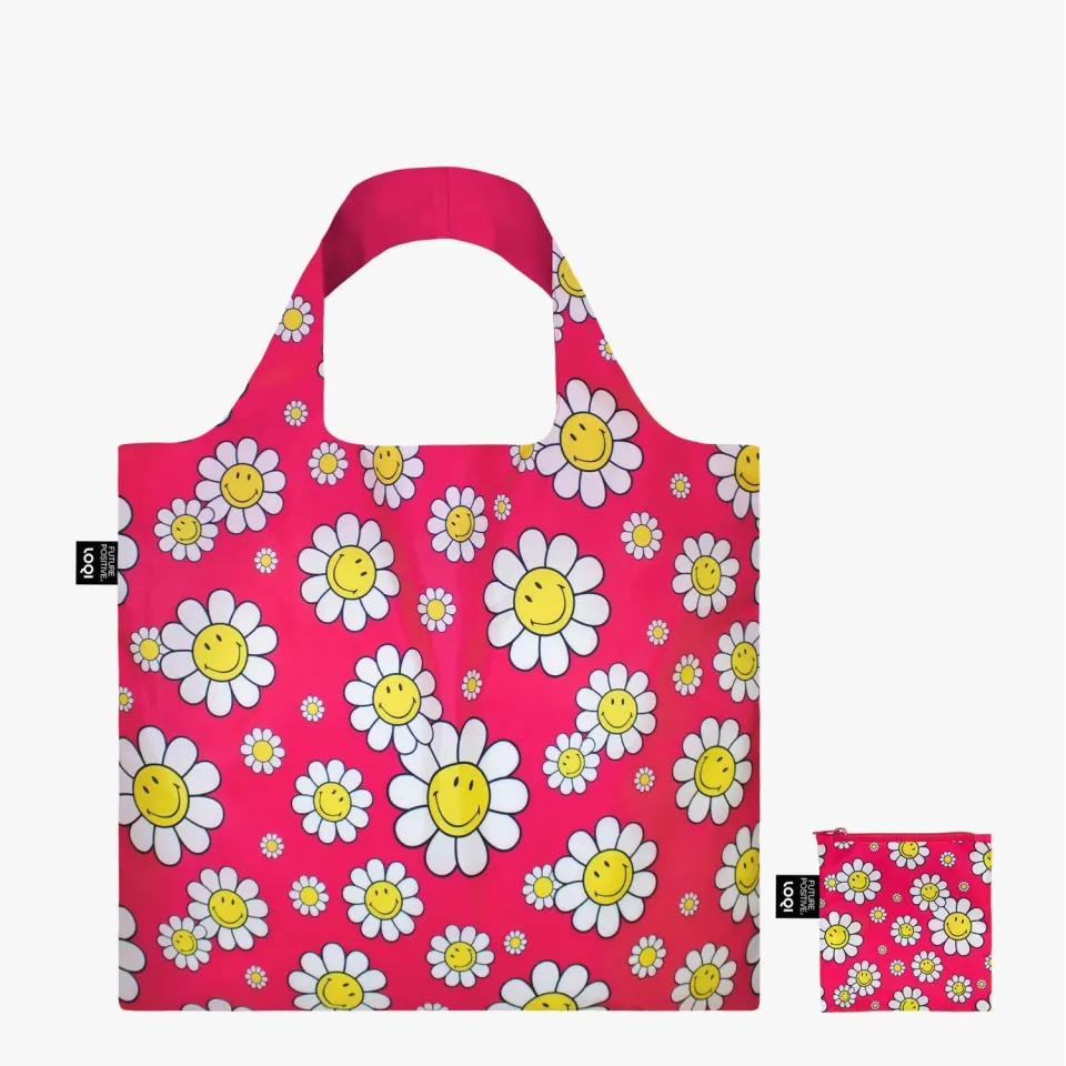 LOQI Smiley Flowers Raspberry handlenett medium resirkulert