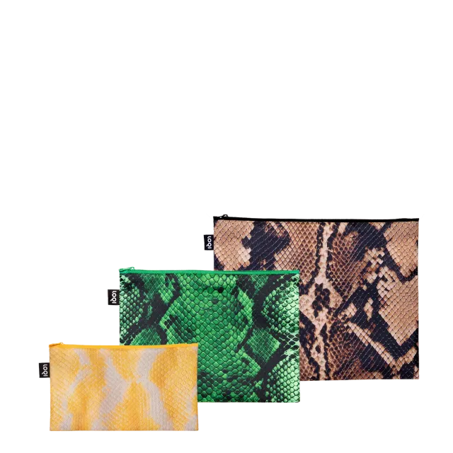 LOQI Snake Brown Green Yellow zip-poser slangeskinn