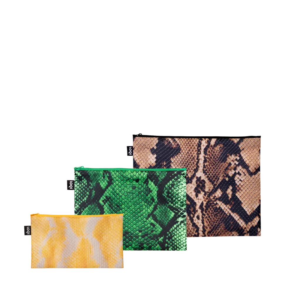 LOQI Snake Brown Green Yellow zip-poser slangeskinn